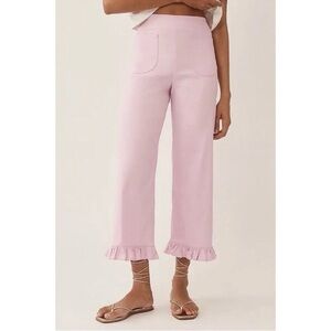 New Anthropologie The Colette Ruffle Hem Linen Wide Leg Crop Pants Pink 28